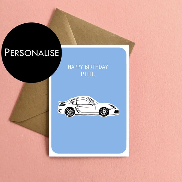 Hand-drawn sports car personalised greetings card  |  Recycled card and Kraft envelope  |  Original design  |  Choice different colour