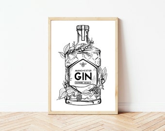 Manchester raspberry infused gin bottle illustration  |  Hand-drawn raspberries juniper berries and gin botanicals  |  Wall art print