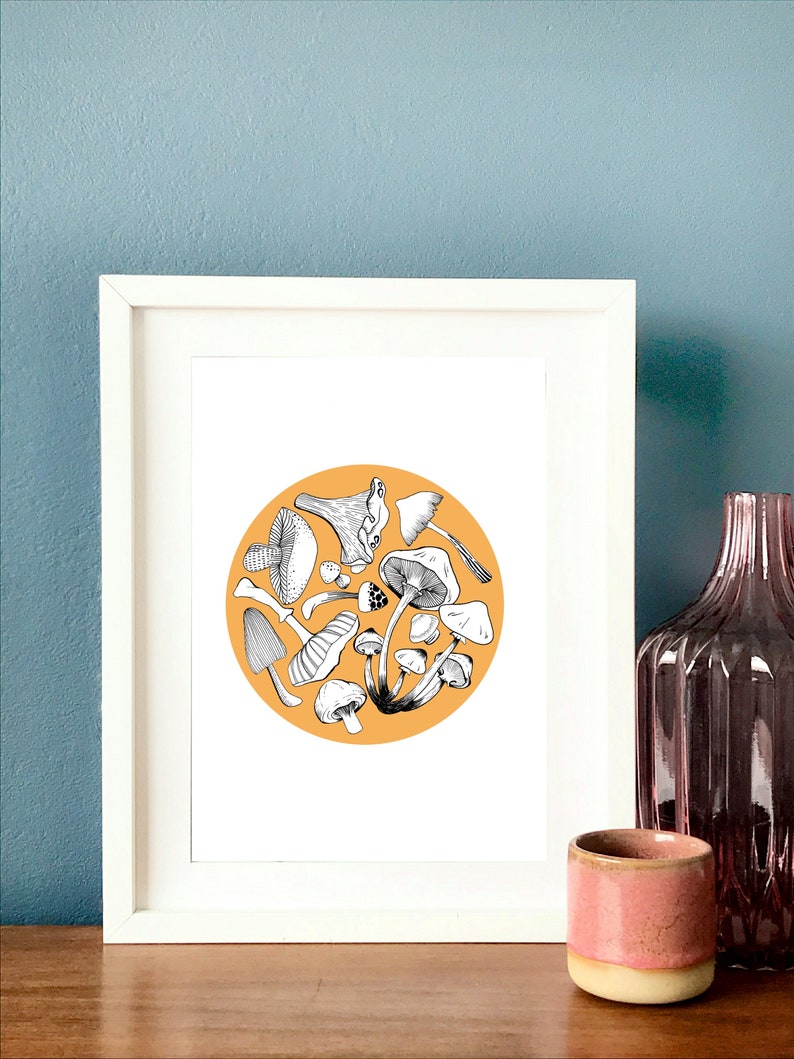 Mushroom circle hand-drawn illustration digital print with colour kitchen home wall art print image 7