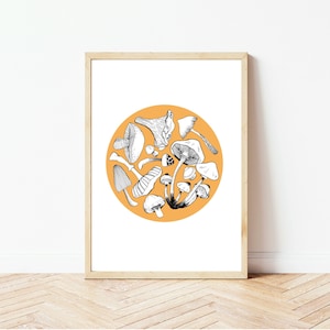 Mushroom circle hand-drawn illustration digital print with colour kitchen home wall art print image 1