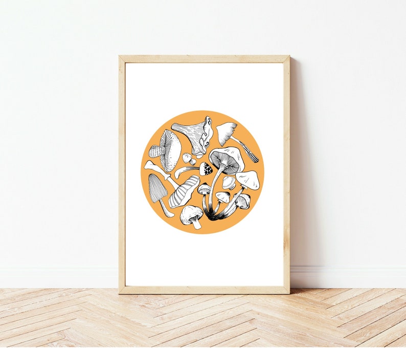 Mushroom circle hand-drawn illustration digital print with colour kitchen home wall art print image 1
