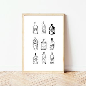 Gin bottle illustration  |  Hand-drawn | Wall art print | Alcohol bottles illustration | Gin bottle art print | Hendricks gin | Gordon’s gin