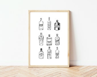 Gin bottle illustration  |  Hand-drawn | Wall art print | Alcohol bottles illustration | Gin bottle art print | Hendricks gin | Gordon’s gin