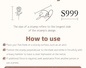May include: A beige graphic with text about stamp size and usage instructions. The text includes "About Selecting Size" and "How to use" with numbered steps. The image also shows examples of stamp designs.