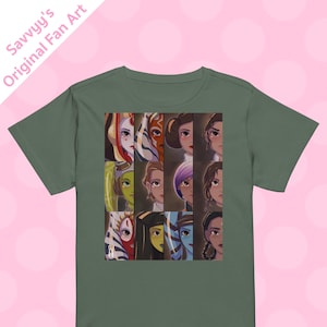 May include: Green t-shirt featuring a grid of stylized portraits of female characters. The artwork is in a cartoon style with a variety of skin tones and hair colors. The text "Savvyy's Original Fan Art" is printed diagonally in the upper left corner.