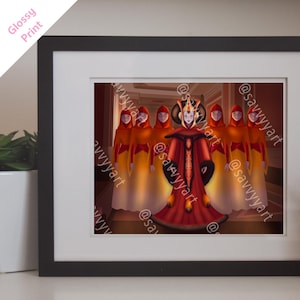 May include: Framed glossy print depicting a central figure in a red and black gown, flanked by figures in orange robes. The artwork has a fantasy theme, with the text "Glossy Print" in the upper left corner.