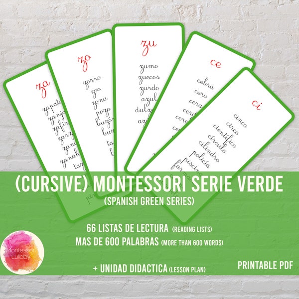 Cursive -SERIE VERDE MONTESSORI - Lesson 2 -  Reading Lists - Spanish Green Series - Lesson plan - Digital Download