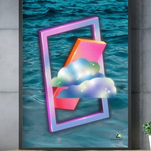 Puede incluir: Una ilustración digital de una nube con estrellas dentro de un marco rosa y morado, flotando sobre un océano azul. El marco está inclinado y parcialmente sumergido en el agua. La imagen tiene una estética retro de los años 80.