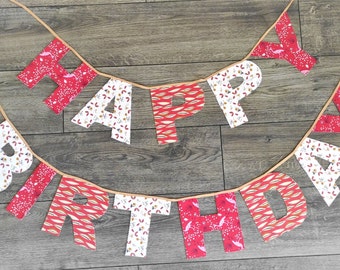 Happy Birthday Fabric Bunting/ Birthday Garden Bunting/ Handmade Birthday Decorations/ Birthday Party Decorations/ Birthday Fabric Garland