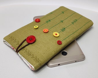 Linen with Flower Buttons Mobile Phone Case / Padded Cell Phone Sleeve / Handmade Gifts