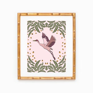 Pink Crane Art Print | Japanese Crane Art | Pink Bird Art | Nursery Decor | College Dorm Art | Cute Preppy Art | Botanical Bird Art