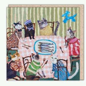 PaperBird-wenskaart, 'Uninvited Guest' van Vanessa Cooper. NIEUW kattenfeestontwerp