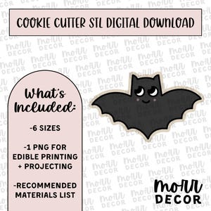 Puede incluir: Una descarga digital para un archivo STL de cortador de galletas con forma de murciélago. La imagen muestra un murciélago negro con una cara linda y un fondo rosa con el texto "What's Included:" y una lista de lo que se incluye en la descarga.