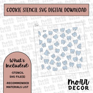 Puede incluir: Un esténcil para galletas con un patrón de dientes azul claro. El texto "COOKIE STENCIL SVG DIGITAL DOWNLOAD" está en la parte superior. La imagen también incluye el texto "What's Included: -STENCIL SVG FILE(S) -RECOMMENDED MATERIALS LIST".