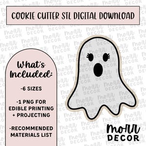 Puede incluir: Una descarga digital para un archivo STL de cortador de galletas con forma de fantasma. La imagen muestra un fantasma blanco con ojos negros y una boca, y el texto "What's Included:" con una lista de lo que se incluye en la descarga.