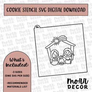 Può includere: Un download digitale SVG in bianco e nero di una scena della Natività con una stella, una mangiatoia, Maria, Giuseppe e il bambino Gesù. Il testo "What's Included:" è in un cerchio con uno sfondo rosa. Il testo "3 Sizes (One SVG per size)" e "Recommended Materials List" sono sotto il cerchio. Il testo "morr DECOR" è nell'angolo in basso a destra dell'immagine.