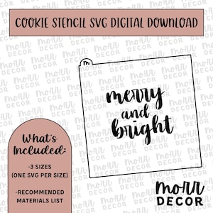 Op de afbeelding: Een zwart-wit digitaal downloadbaar SVG-bestand voor een cookie-stencil met de tekst "vrolijk en licht".