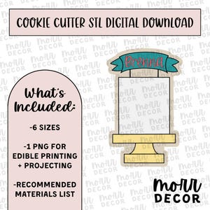 Puede incluir: Gráfico de descarga digital para un cortador de galletas, con un letrero con el nombre "Brenna" en una pancarta. La imagen incluye texto: "COOKIE CUTTER STL DIGITAL DOWNLOAD" y "What's Included: -6 SIZES -1 PNG FOR EDIBLE PRINTING + PROJECTING -RECOMMENDED MATERIALS LIST".