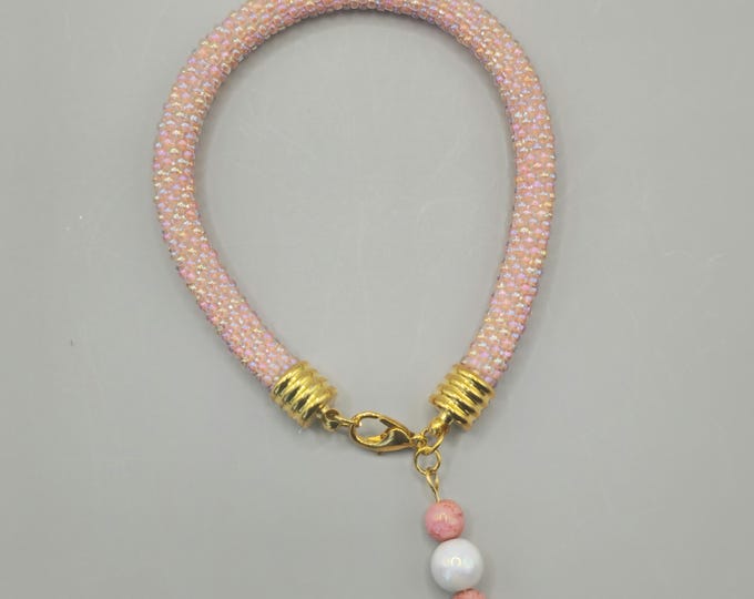 Crocheted Beaded Charm Bracelet: Sunset Pink