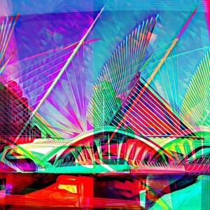 May include: Abstract digital art featuring a bridge with colorful geometric shapes. The image has a vibrant palette of red, green, blue, and purple, with lines and arches creating a dynamic composition. The artwork evokes a sense of modern architecture.