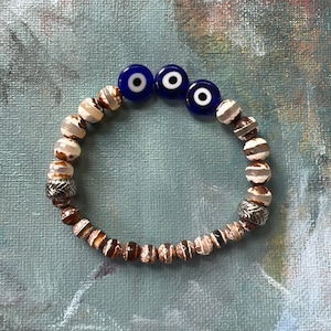 Faceted 6mm Dzi Agate Beads Tibetan Stainless Steel Accent Triple Good Karma Evil Eye Stretchy Unisex Bracelet