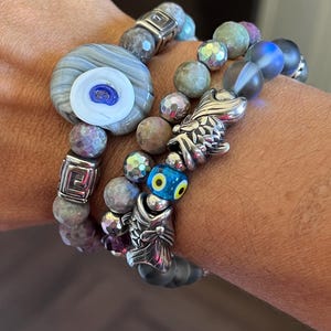 Faceted 8mm Ruby In Zoisite Stainless Steel Barrels Grey Glass Evil Eye Beaded Stacking Bracelet