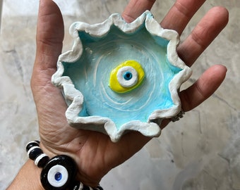 Ręcznie malowana gliniana ceramika Evil Eye, fantazyjny pierścionek z klejnotem, bransoletka, taca