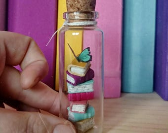 Miniature Book Stack in Glass Bottle with Butterfly – Handmade Literary Gift