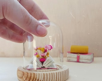 Miniature Open Book with Flowers – Blooming Glass Dome Decor