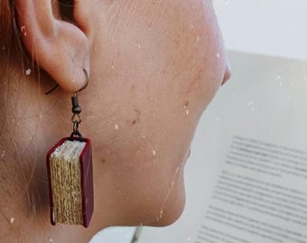 Miniature Book Earrings in Leather - Real Opening Books with Pages - Handmade Literary Jewelry