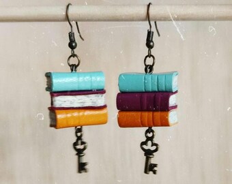 Miniature Leather-Bound Book Stack Earrings with Key Charm – Custom Colors & Skin Tone | Perfect for Book Lovers, Teachers Bibliophiles
