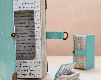 Set of 4 miniature books – Handmade in turquoise, literary decoration and collecting