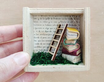 Miniature Wooden Box Diorama with Books and Ladder – Tiny Library Collectible