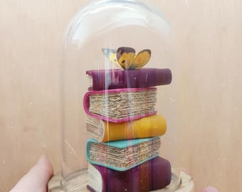 Miniature Book Stack in Glass Dome with Butterfly – Handmade Mini Books – Mini Library Decor – Gift for Book Lovers