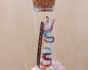 Tiny Reader on a Stack of Books – Miniature Book Art in a Glass Bottle | Book Lover Gift | Handcrafted Miniature Diorama