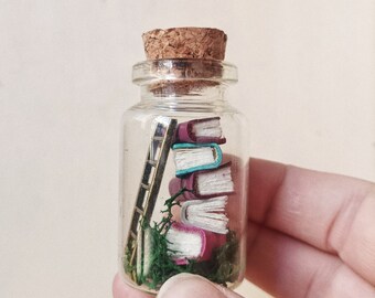 Enchanted Mini Library in a Jar – Handmade Tiny Books with Magical Ladder