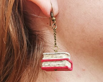 Miniature earrings - Earring for teacher - minibook - Earring un Leather - Little library miniature
