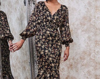 Wrapover Floral Midi Dress - Black floral, Dinner nights dress, Casual dress, night out wear