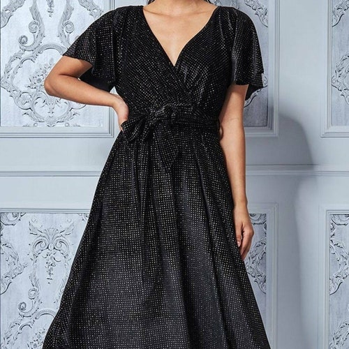 Sparkle Wrap Style Flutter Sleeve Midi 