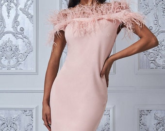 Off The Shoulder Feather Midi Dress - Blush, party dress, Date night dress, Wedding guest dress, Evening midi