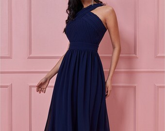 Elegant Navy Halter Chiffon Mini Dress main image 1