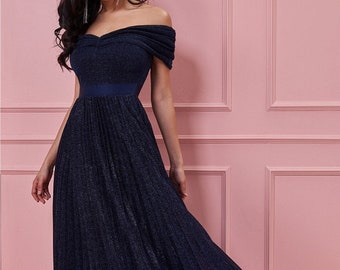 bardot pleated maxi prom dress