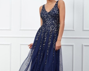navy blue sequin dress
