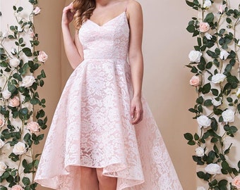 white lace high low dress