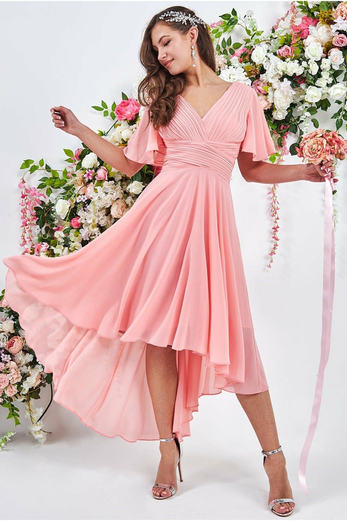 Pleated Chiffon High Low Midi Dress Peach Party Dress - Etsy New Zealand