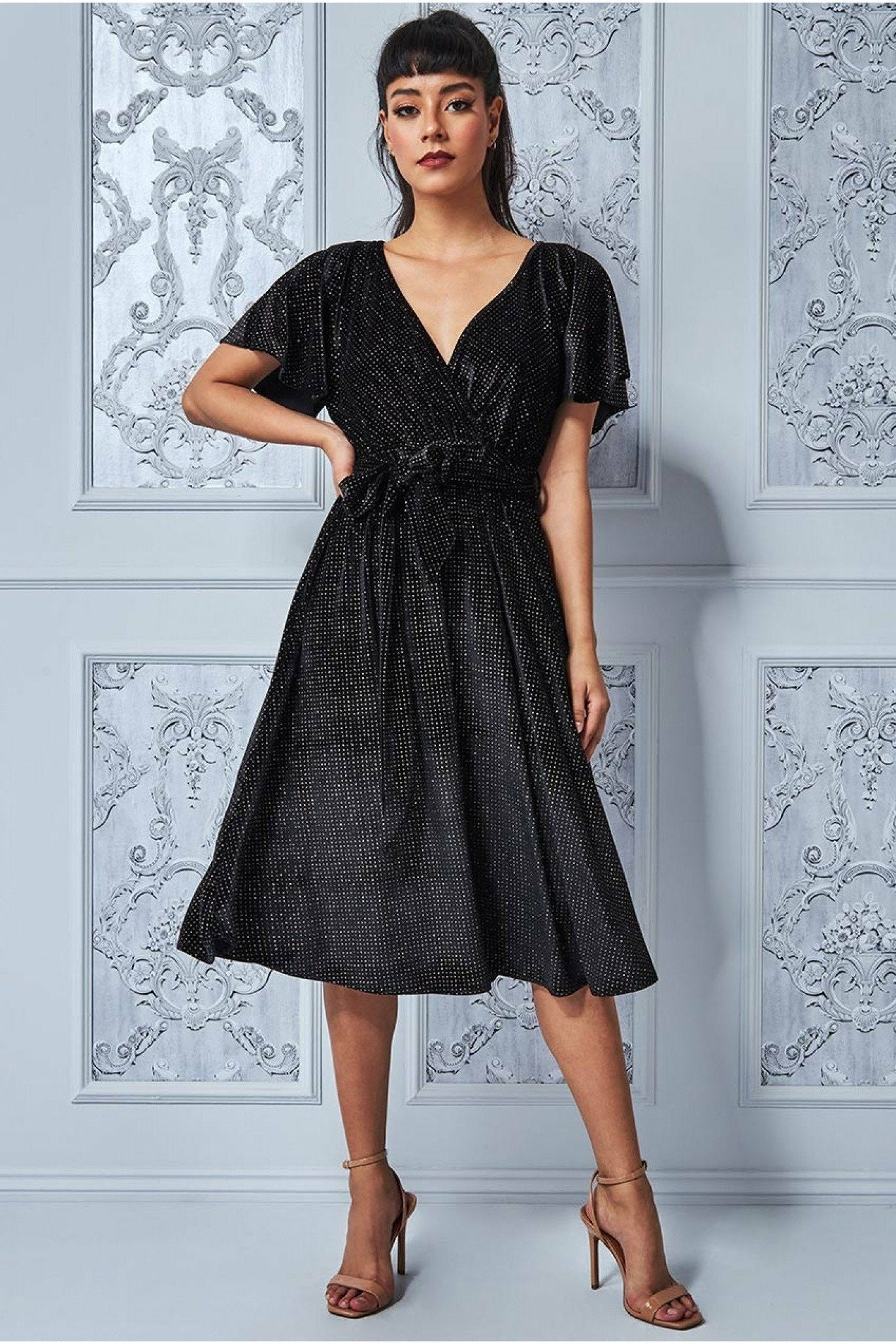 Sparkle Wrap Style Flutter Sleeve Midi 