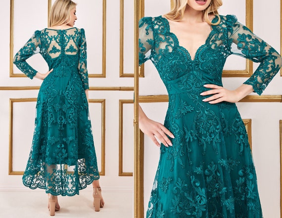 Scalloped Lace Dipped Hem Midi Dress Emerald, Prom Dress, Wedding