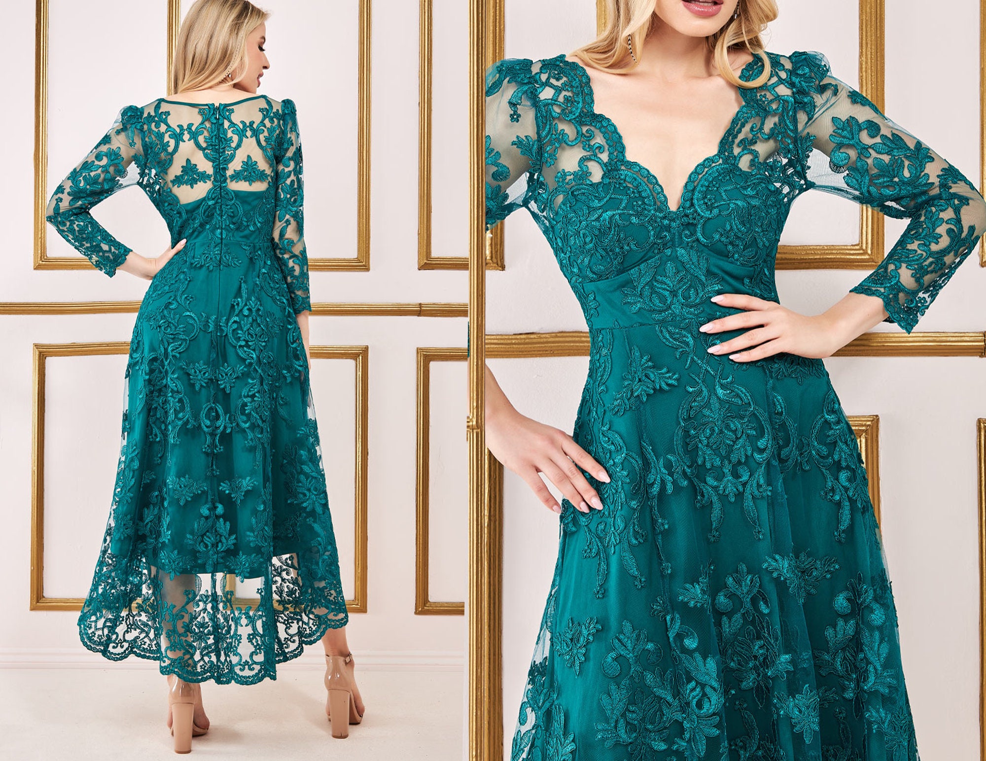 Scalloped Lace Dipped Hem Midi Dress Emerald Prom Dress - Etsy