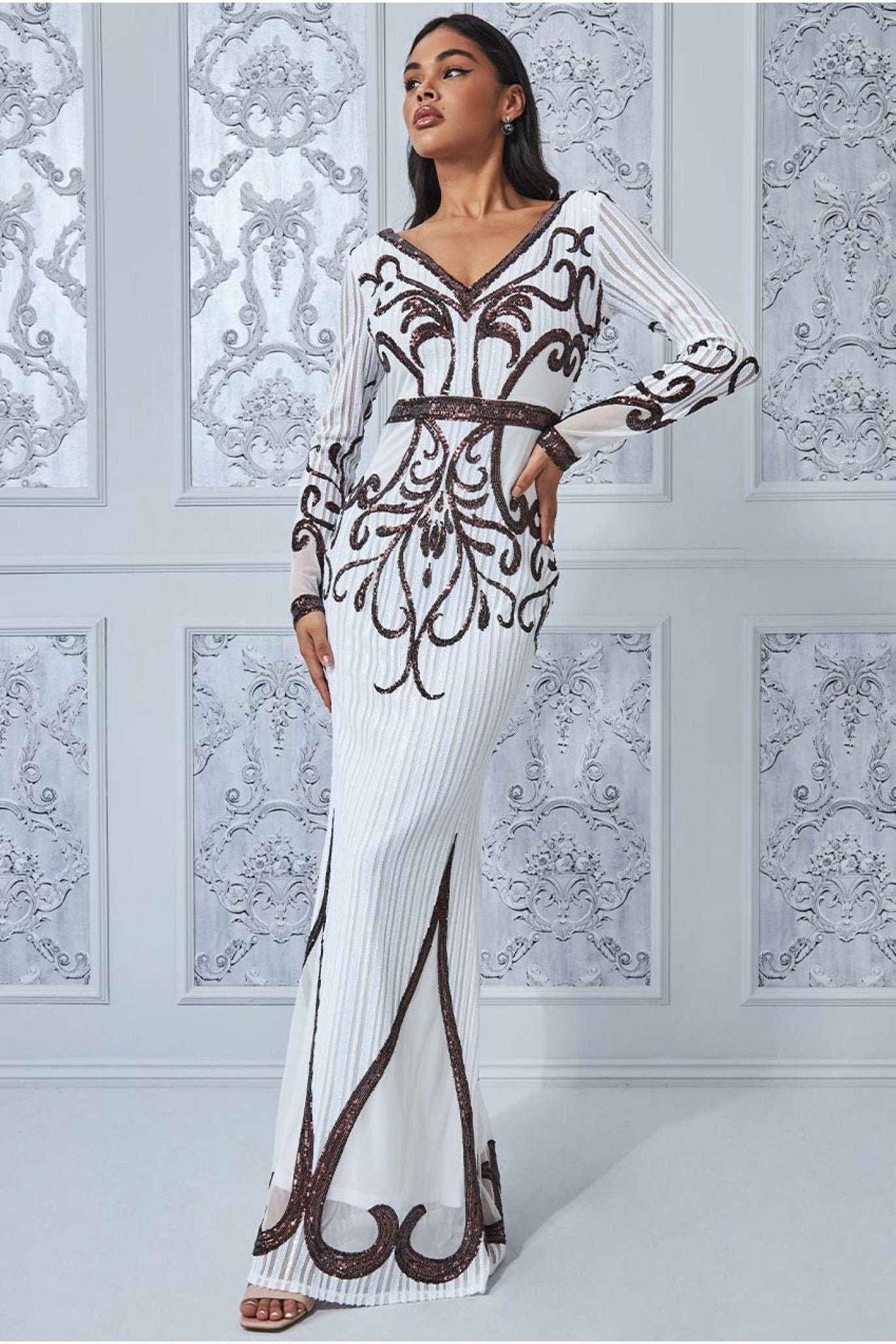 Sequin \u0026 Mesh Embroidered Maxi Cream 