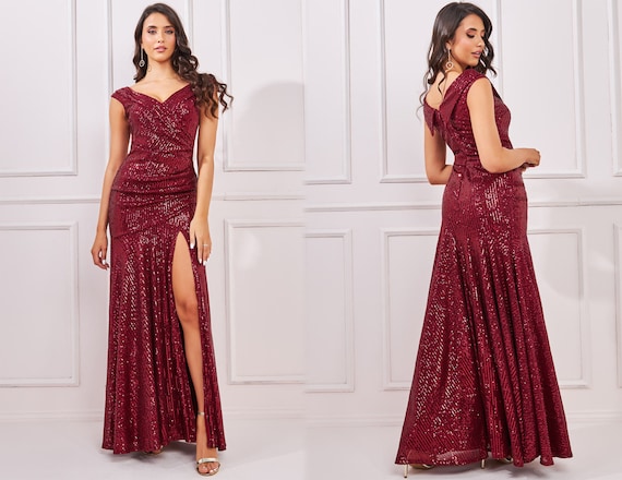 Bardot Sequin Pleated Maxi Dress Wine Evening Dress Red Carpet